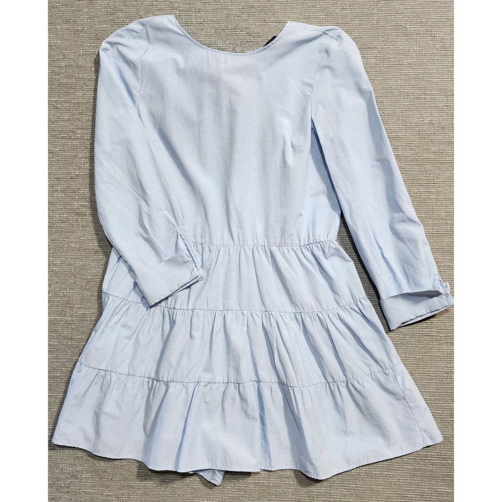 Zara Basic Light Blue Long Sleeve Tiered Romper Dress with Back Tie Medium